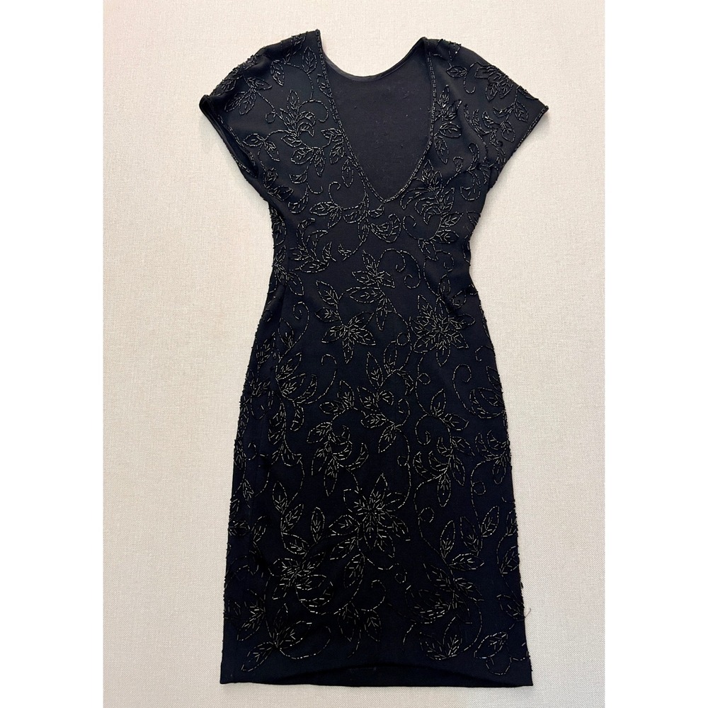 Carmen Marc Valvo Cocktail Dress Womens S Black Vintage 80s Beaded Wool Exc